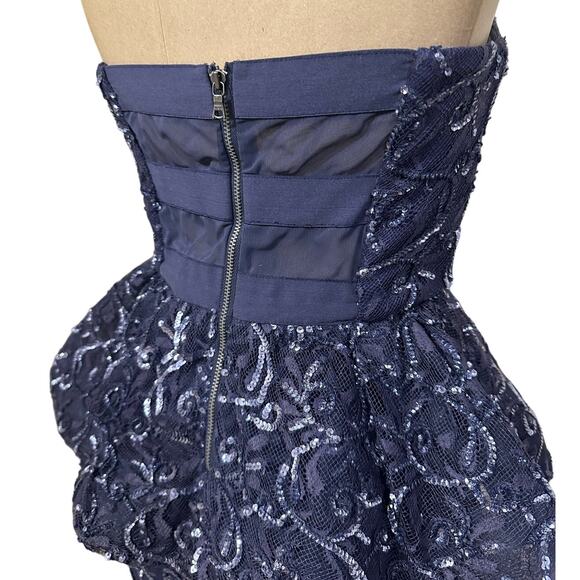 Alice + Olivia Mini Dress Blue Sequin Lace Strapless Peplum Pencil - Picture 8 of 10